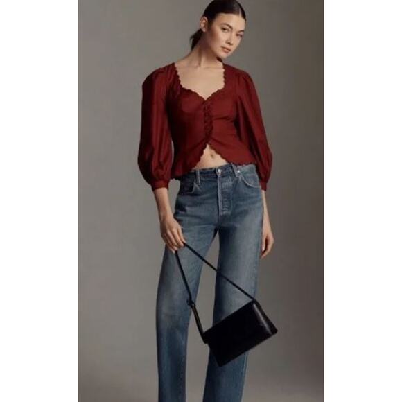 NEW Reformation Elianna Button-Up Blouse Top Cotton Burgundy Red Size 10 - Picture 3 of 14